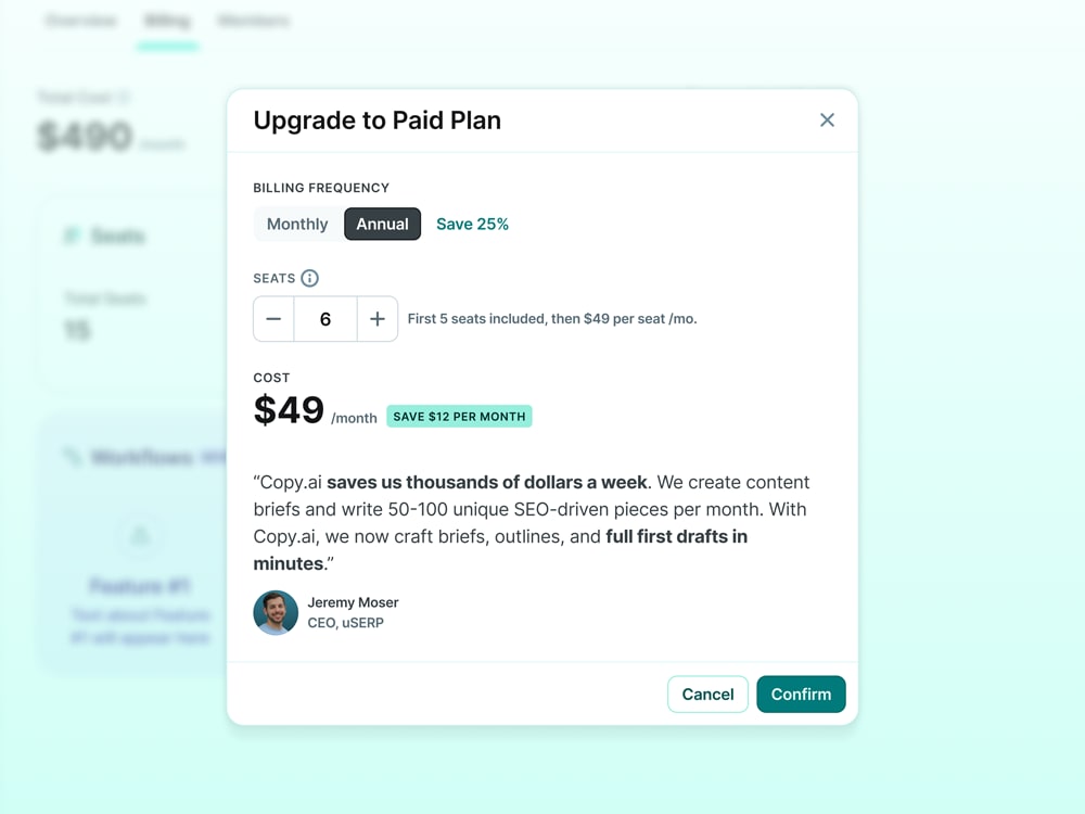 copy.ai upgrade modal UI showing billing frequency, number of seats, cost, and user testimonial.