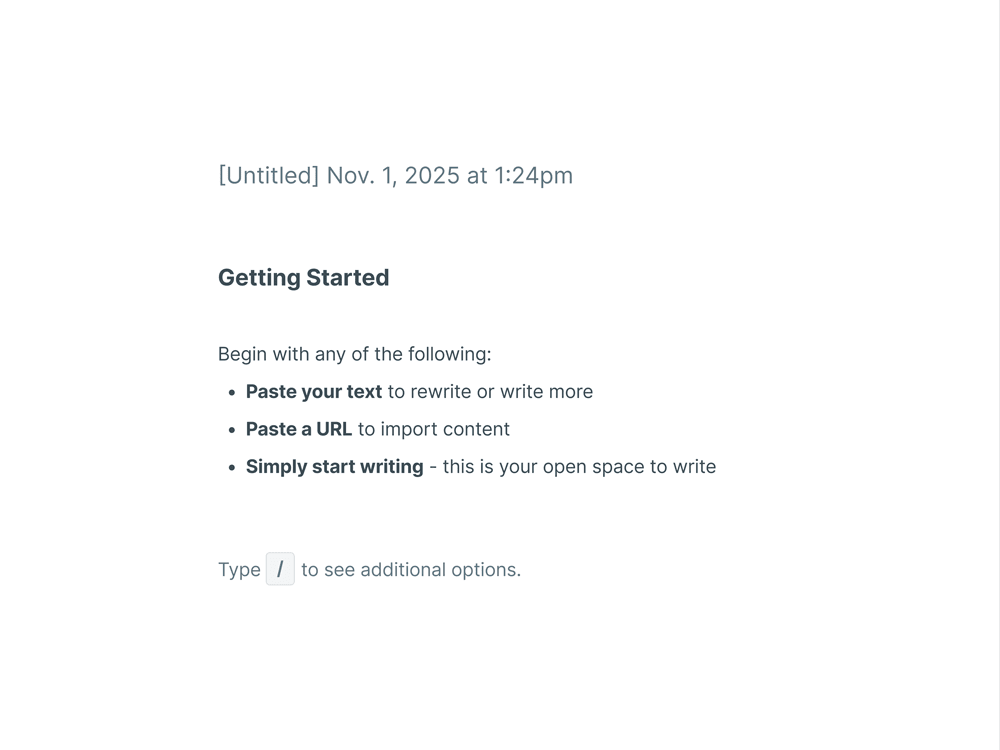 UI for a text editor empty state, displaying a field for a document title, along with some tips for getting started.