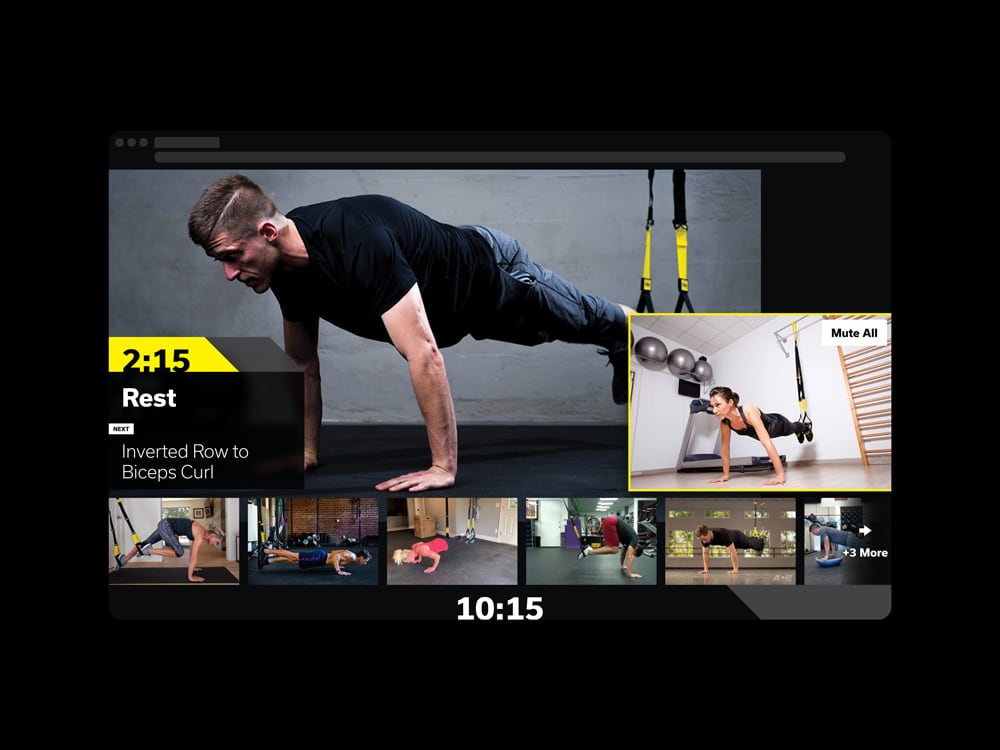 UI showing a virtual training platform with several frames of people exercising.