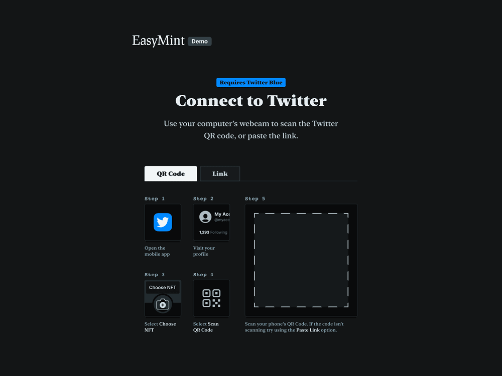 UI showing a series of steps that demonstrated how users could connect to Twitter Blue to mint an NFT.