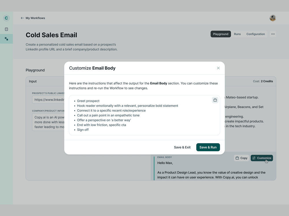 UI showing a modal that appears in front of content for a cold sales email workflow in the copy.ai web application.