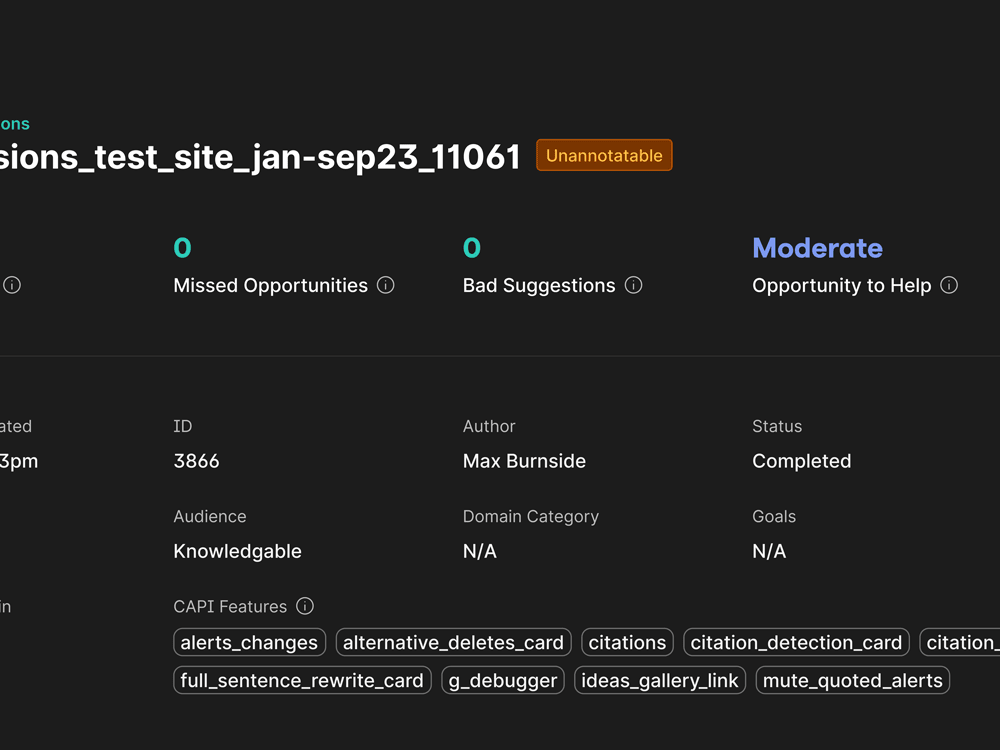 UI with several columns of text showing a variety of metrics for an internal web application.