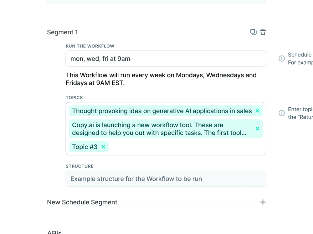 UI showing input fields for a scheduling feature.