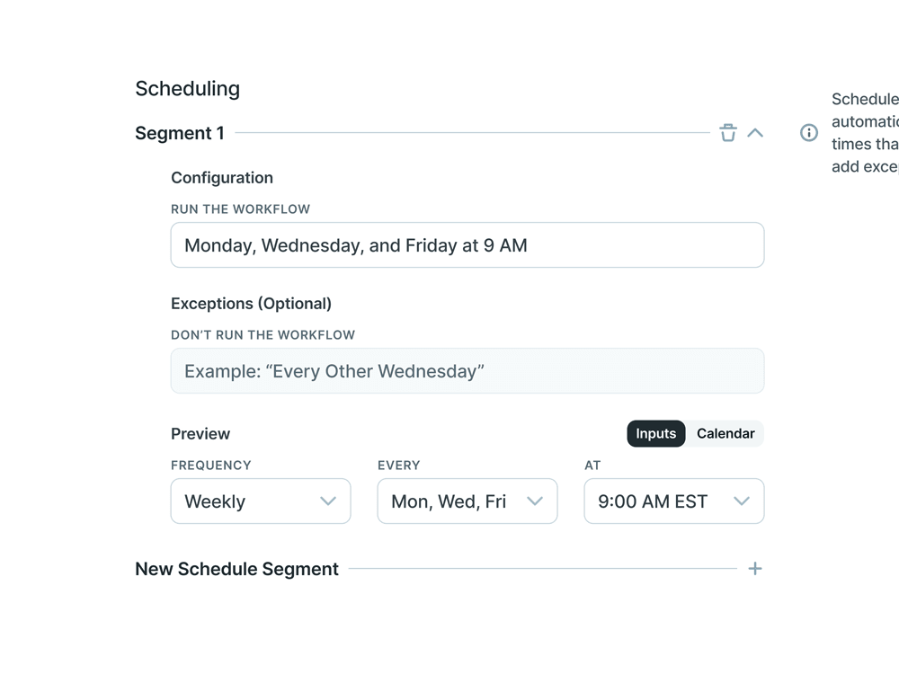 UI showing input fields for a scheduling feature.