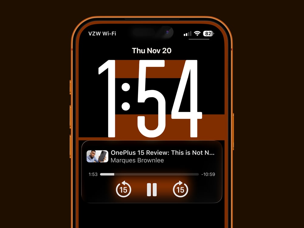 Feature concept of an iPhone lock screen showing the YouTube widget, with 15 seconds forwards/backwards controls.
