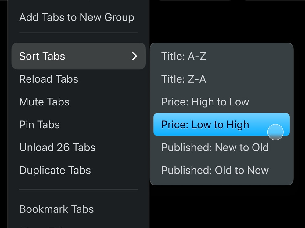Feature concept of a dropdown in Firefox web browser, showing the ability for user to sort tab order based on title, price, and/or publish date.