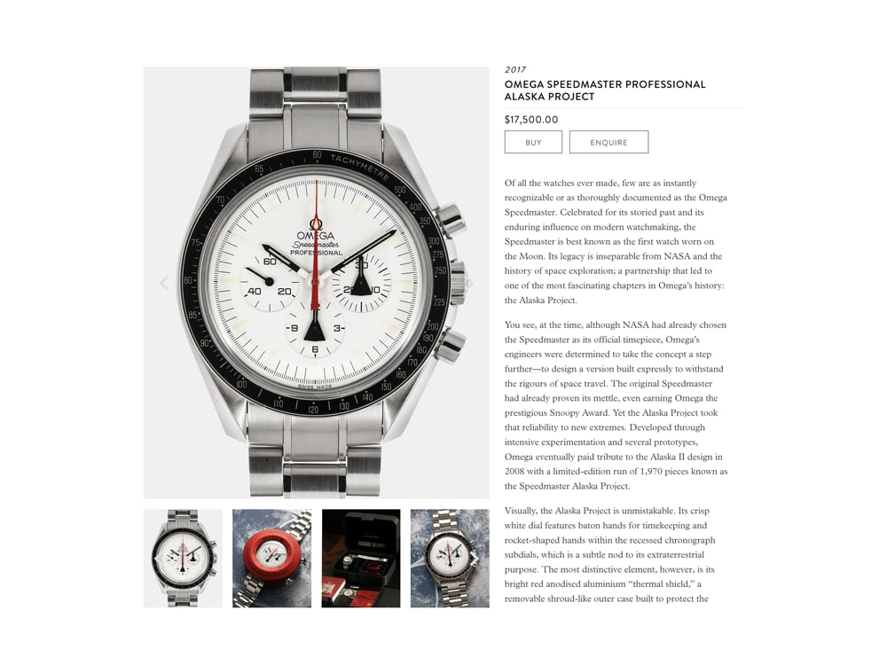 Feature concept of a sticky header for a wristwatch product listing page.