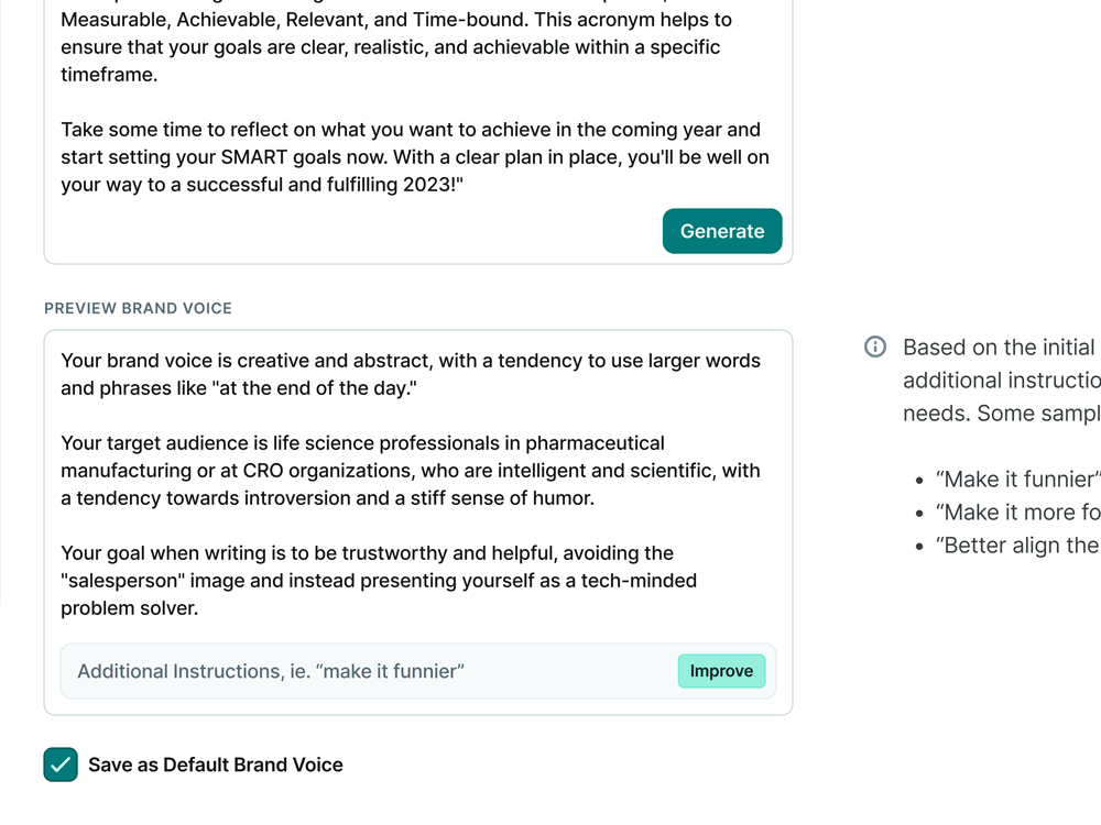 UI design for copy.ai Brand Voice feature