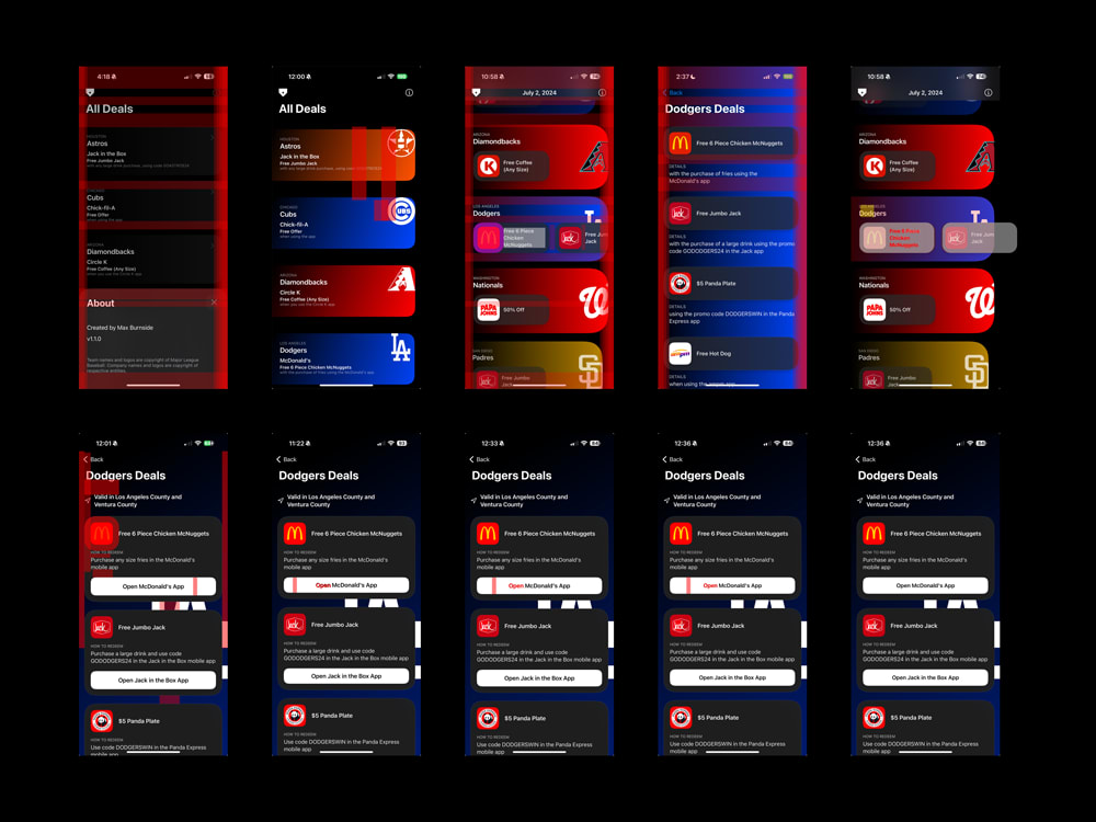 Series of SwiftUI Home Plate Deals screenshots shown in Figma with guidelines.