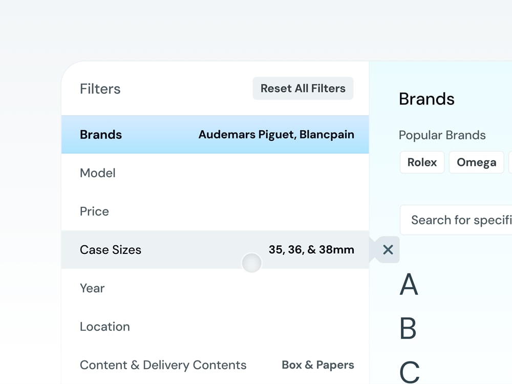 UI concept demonstrating an updated filters modal for Chrono24.