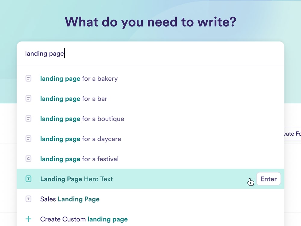 UI showing a text input field that has an expanded dropdown menu showing several suggestions for the user-entered text of 'landing page'.