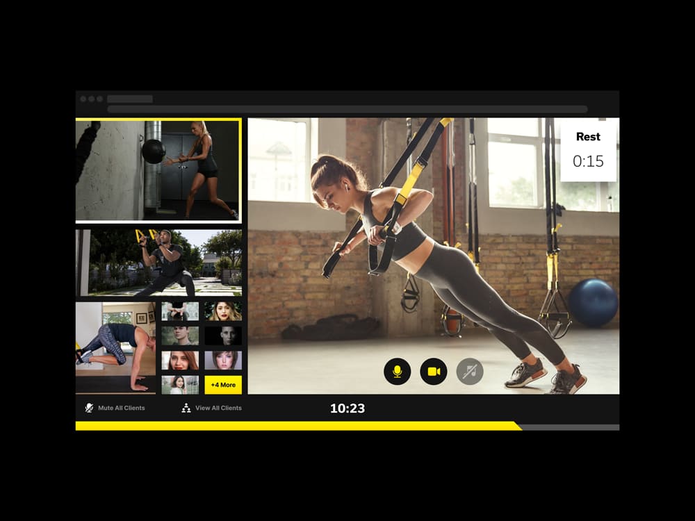UI showing a virtual training platform with several frames of people exercising.