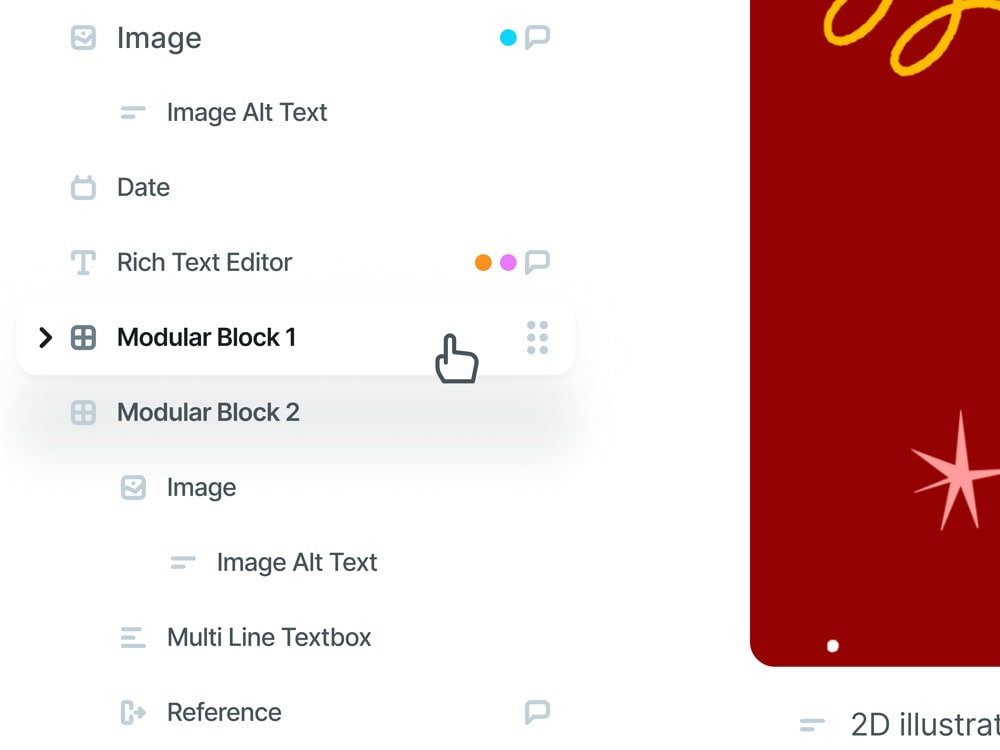 UI showing a list of content editor blocks, some of which are indented - indicating the nested nature of that group of items.