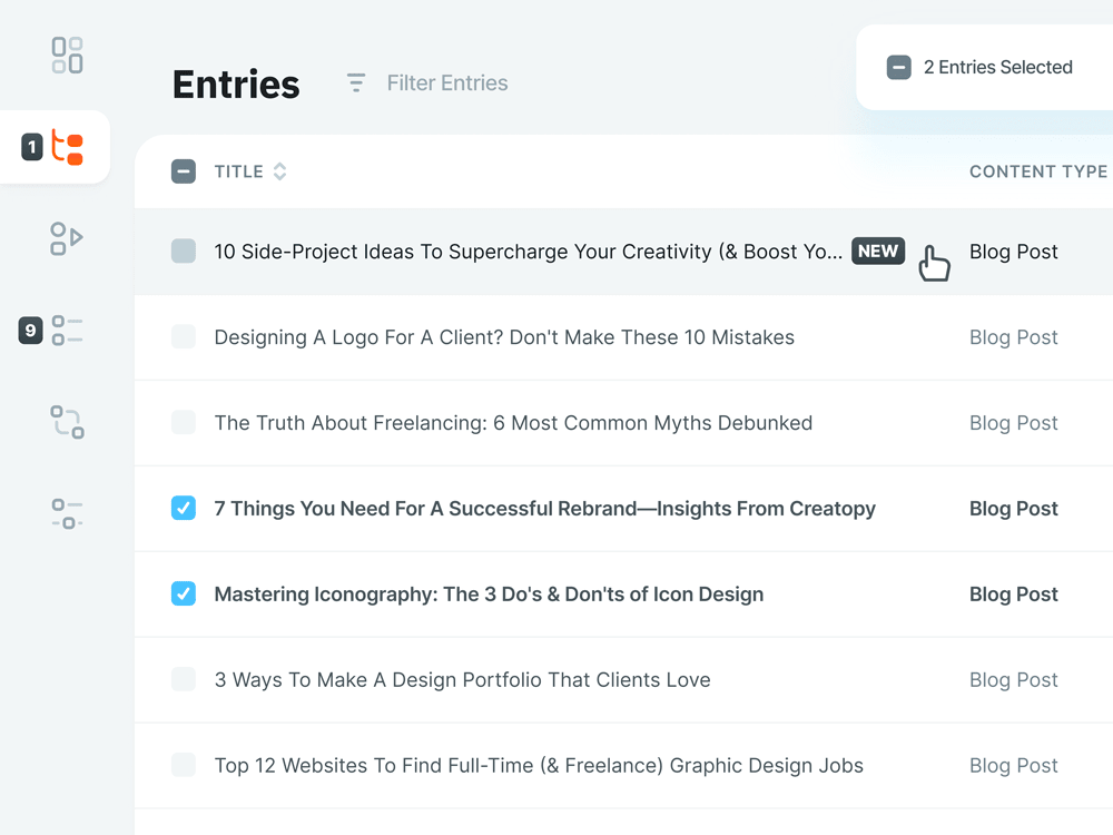Closeup of a CMS entries table, demonstrating different product design details.