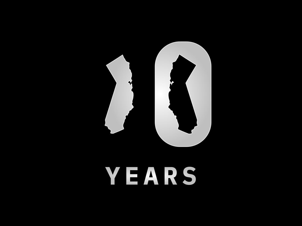 The number '10' stylistically created using California's state shape, with the word 'Years' appearing below.
