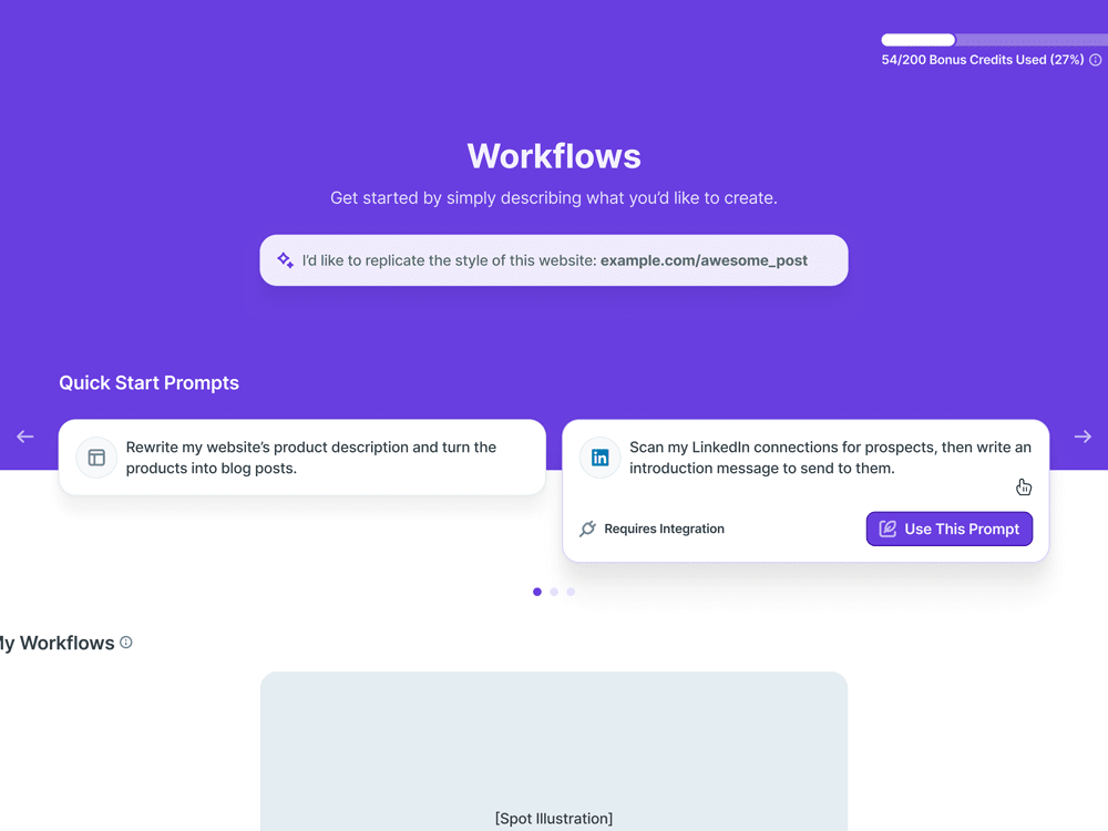 UI of an input text field, along with a few cards underneath the section label, 'Quick Start Prompts'.