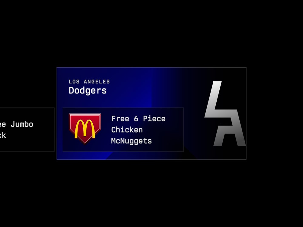 Home Plate Deals card UI for Los Angeles Dodgers, showing that a free six piece Chicken McNuggets promotion is available for McDonald's.