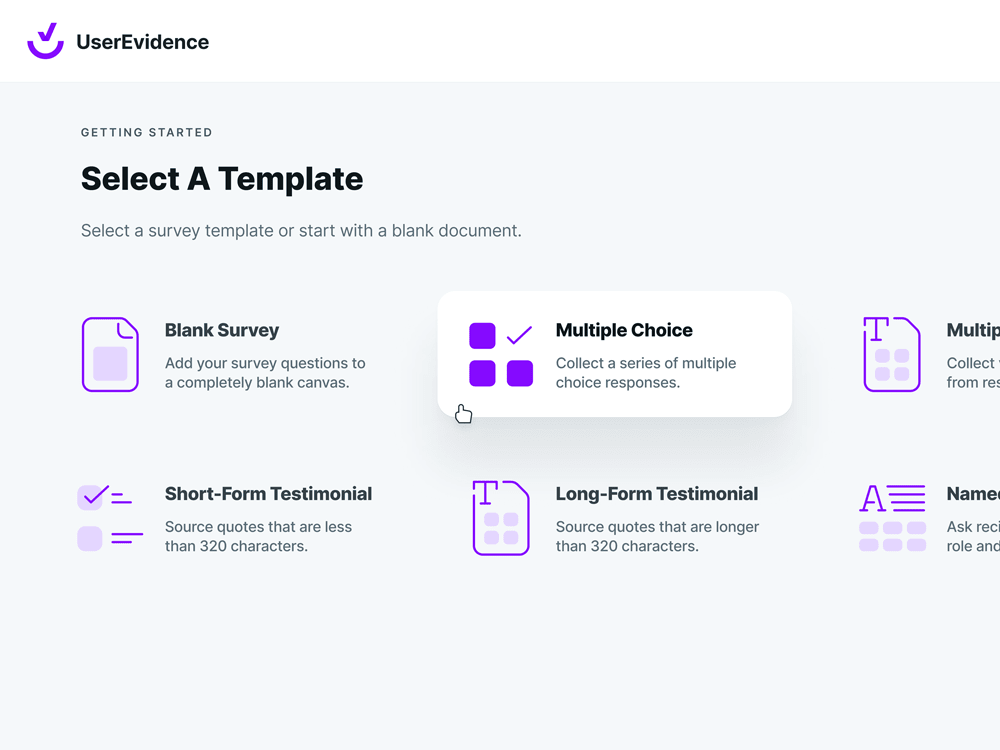 Survey template selection UI showing a card that is hovered over, labeled, 'Multiple Choice'.