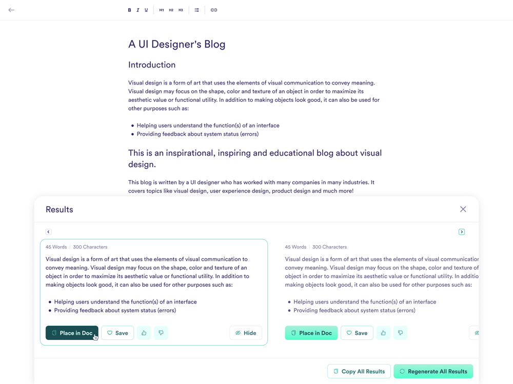UI of an AI document editor