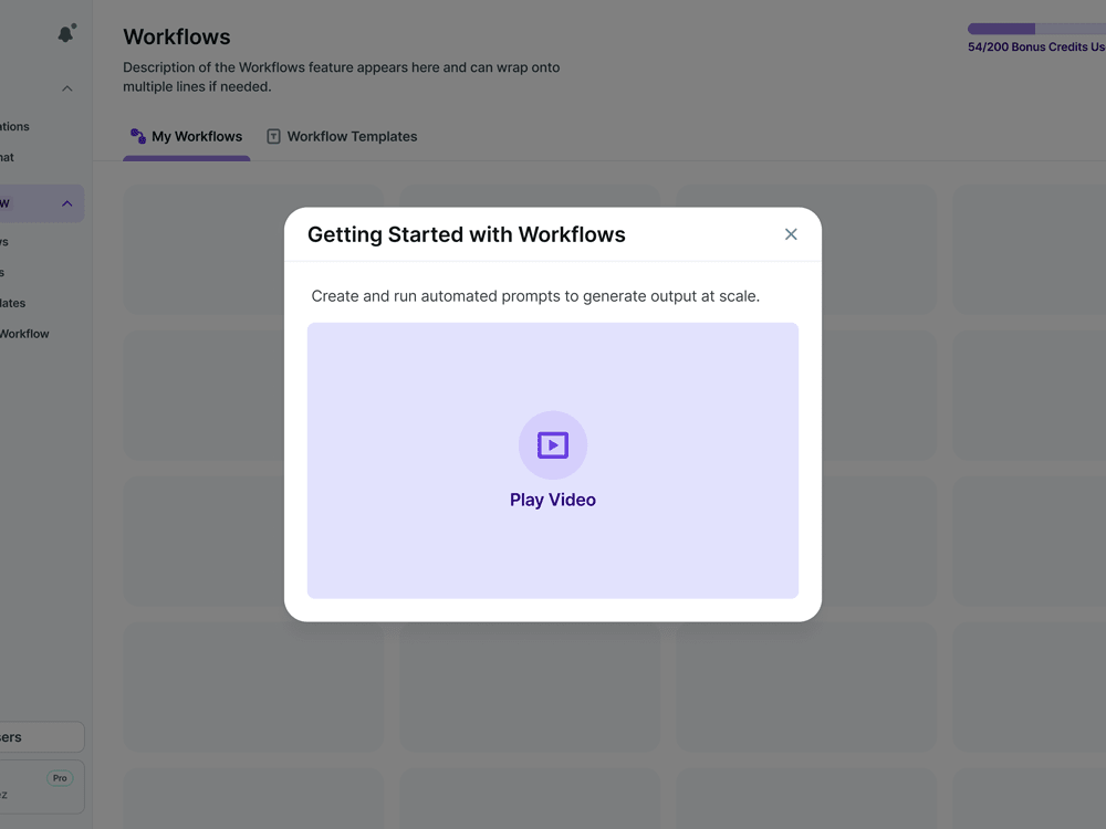 UI showing a modal that contains a video, appearing on top of the Workflows tab of a web application.