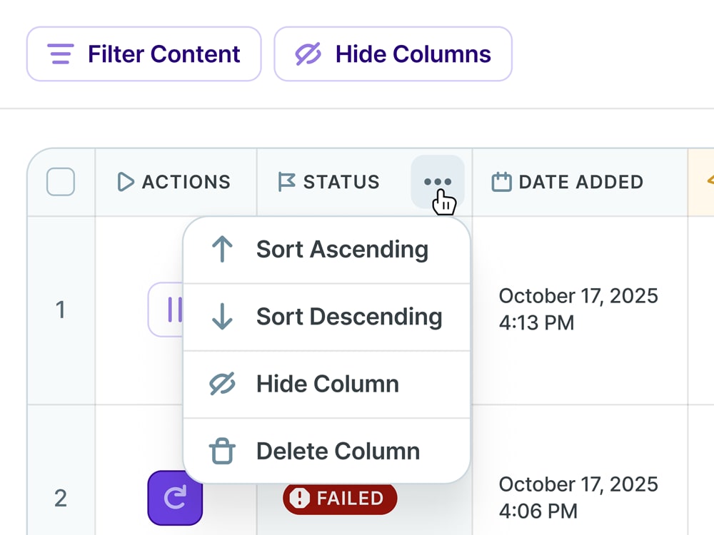 UI of a web application that has a table, and shows a dropdown menu with options to sort, hide, and/or delete the column.