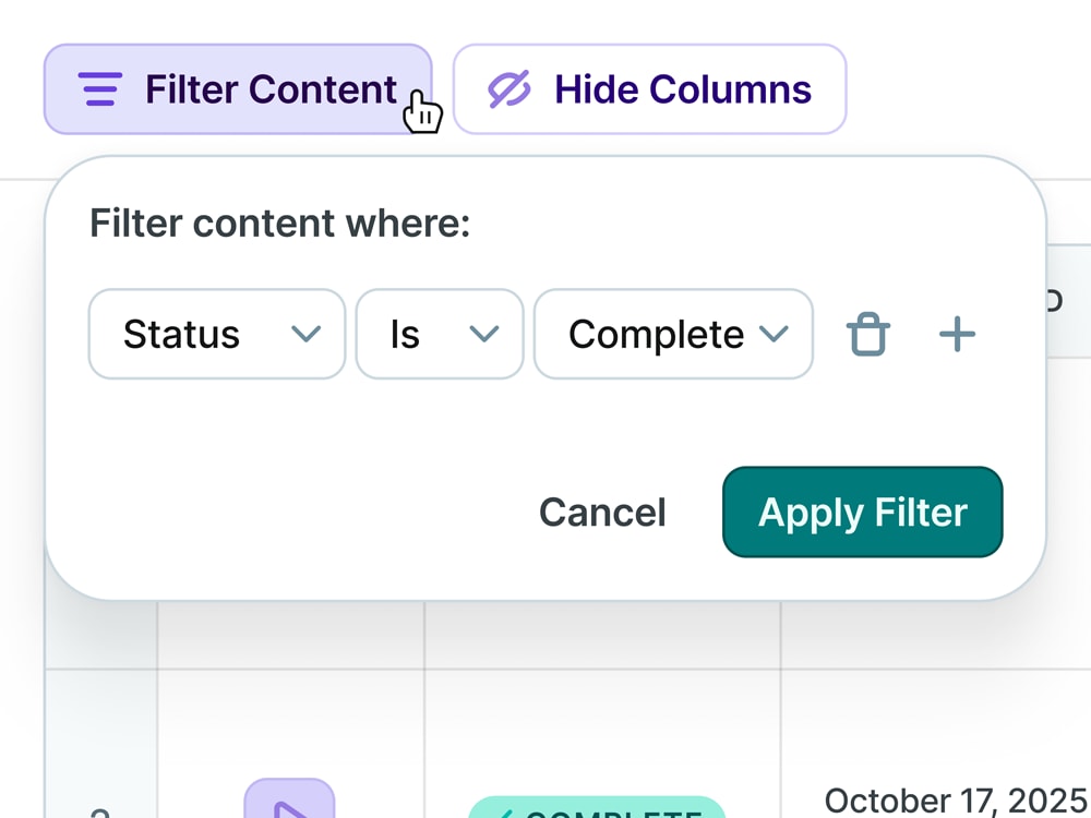 UI of a web application that has a table, and shows a filter dropdown with the ability to show content that has a status of 'Complete'.