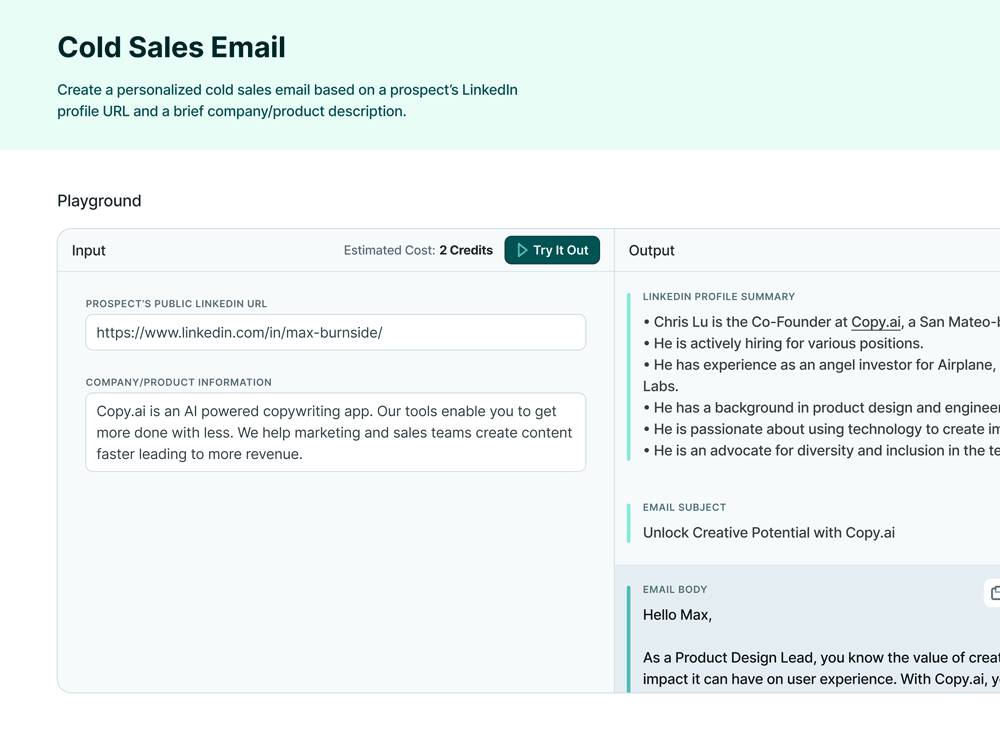 UI of a web application, with a page title of 'Cold Sales Email', showing a series of text blocks that demonstrate a workflow template.