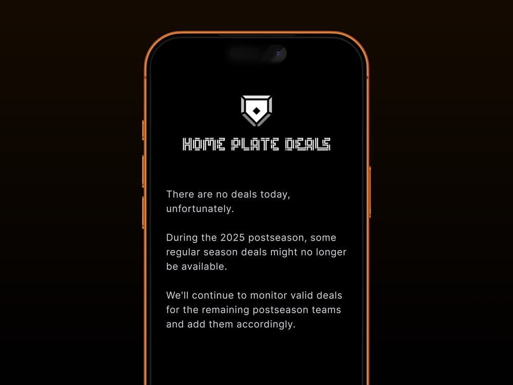 Screenshot of Home Plate Deals web app displaying empty state text on an orange iPhone 17 Pro Max.