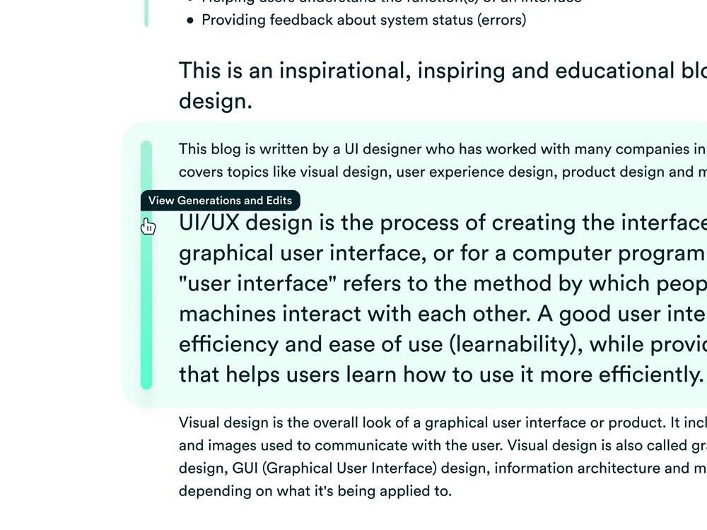 UI showing a text document with vertical columns on the left side, and a cursor hovering over one of them, showing a menu that reads, 'View Generations and Edits'.