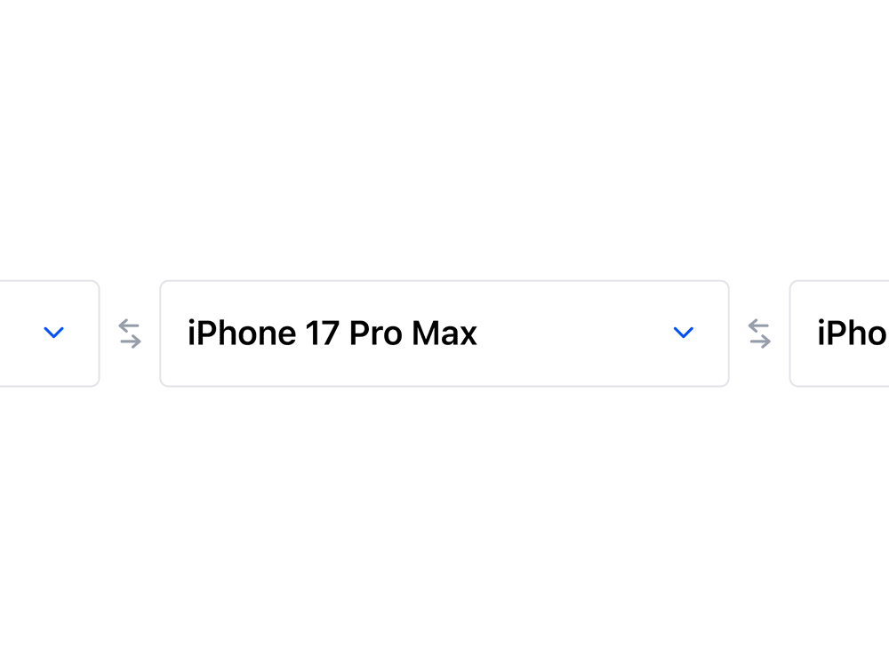 Feature concept showing arrows icon in between dropdown inputs of iPhone models on Apple's website, that would allow users to swap the order of models with a single click.