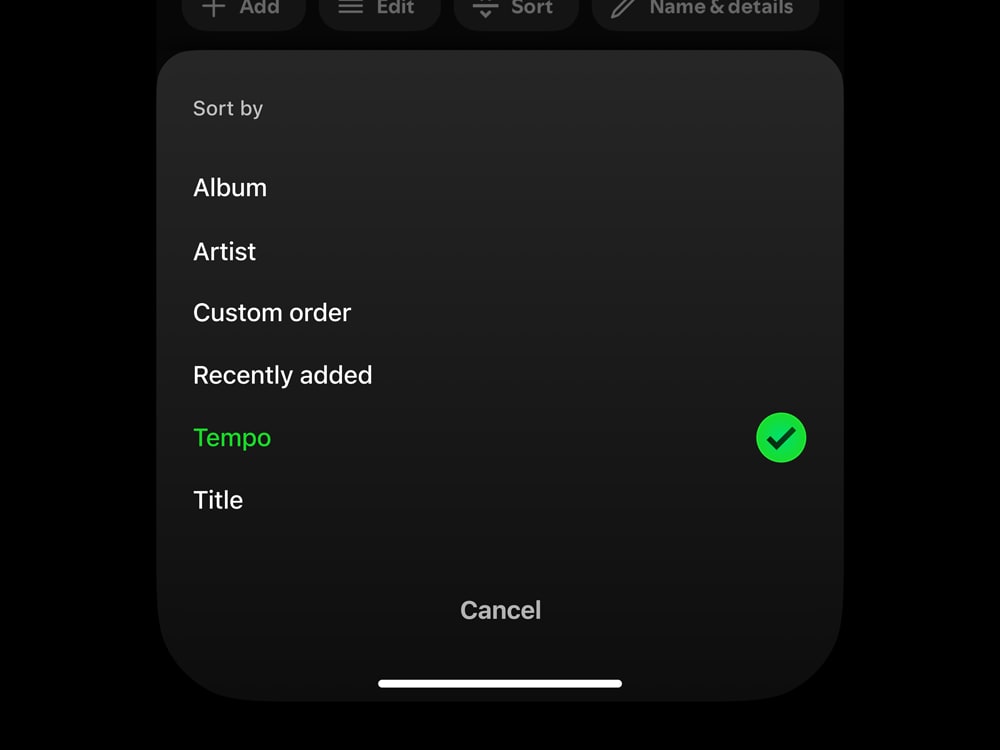 Feature concept UI showing the ability to sort a Spotify playlist by song tempo in the Spotify iOS app.