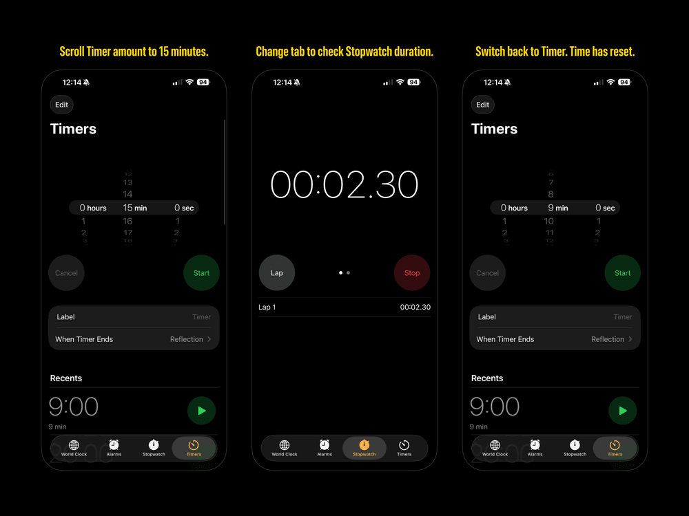 Series of screenshots and annotations that demonstrate an iOS bug in the default Clock app.