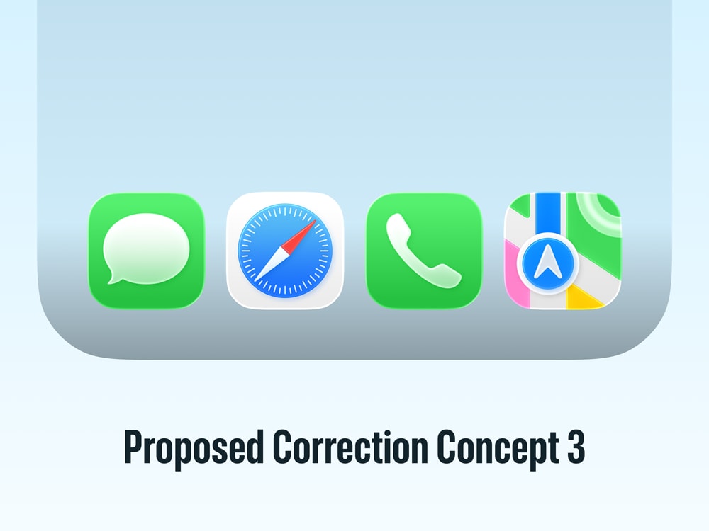 A proposed concept that corrects the current mismatch of app icon corner radii amounts in Apple's iOS 26 Dock.