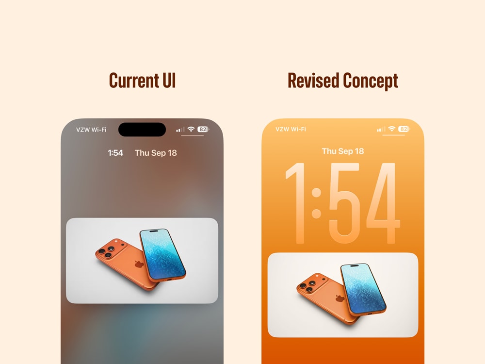 Animation demonstrating the iOS 26 lock screen where the clock text shrinks and grows when a video thumbnail appears and disappears respectively.