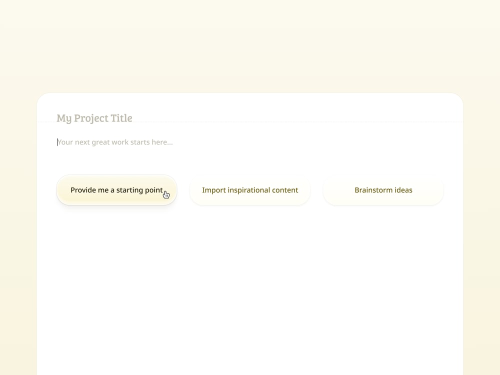UI of a blank document in a text editor application. Buttons are shown, with the mouse pointer hovering over a button that reads, 'Provide me a starting point'.