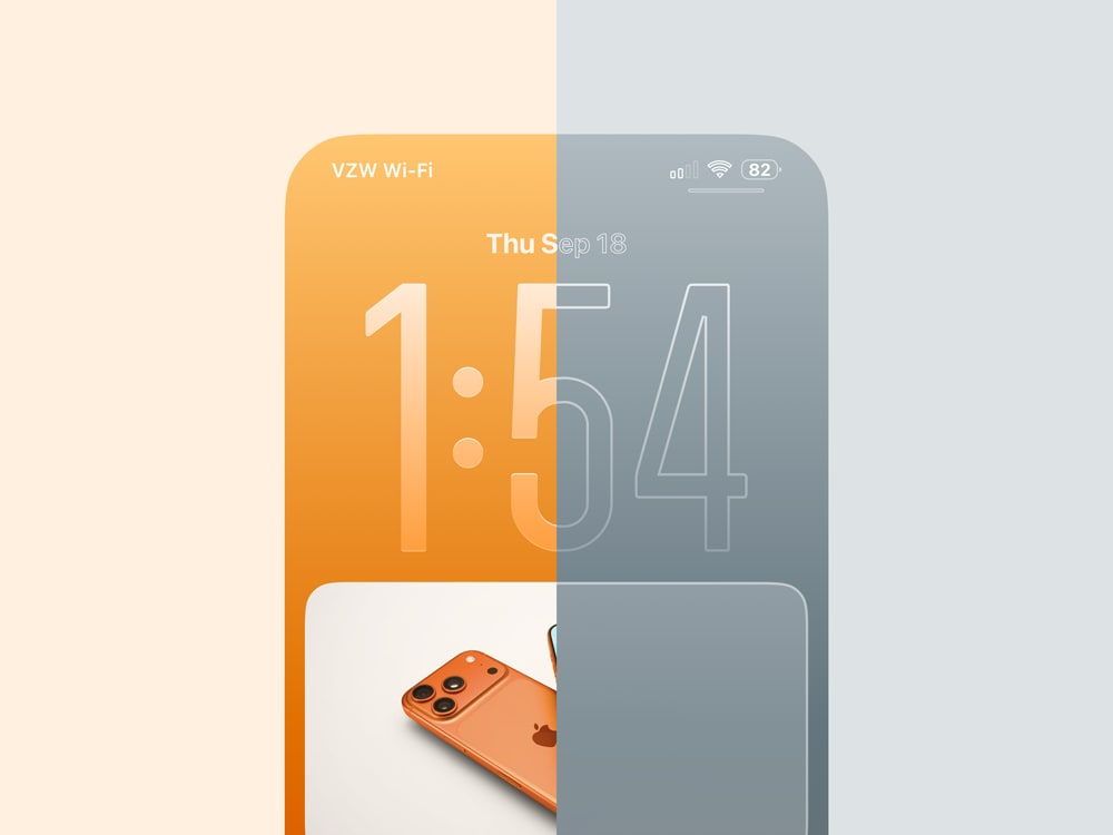 Split screen visual of iOS 26 Lock Screen where the finished UI and outline view each take up 50% of the screen.