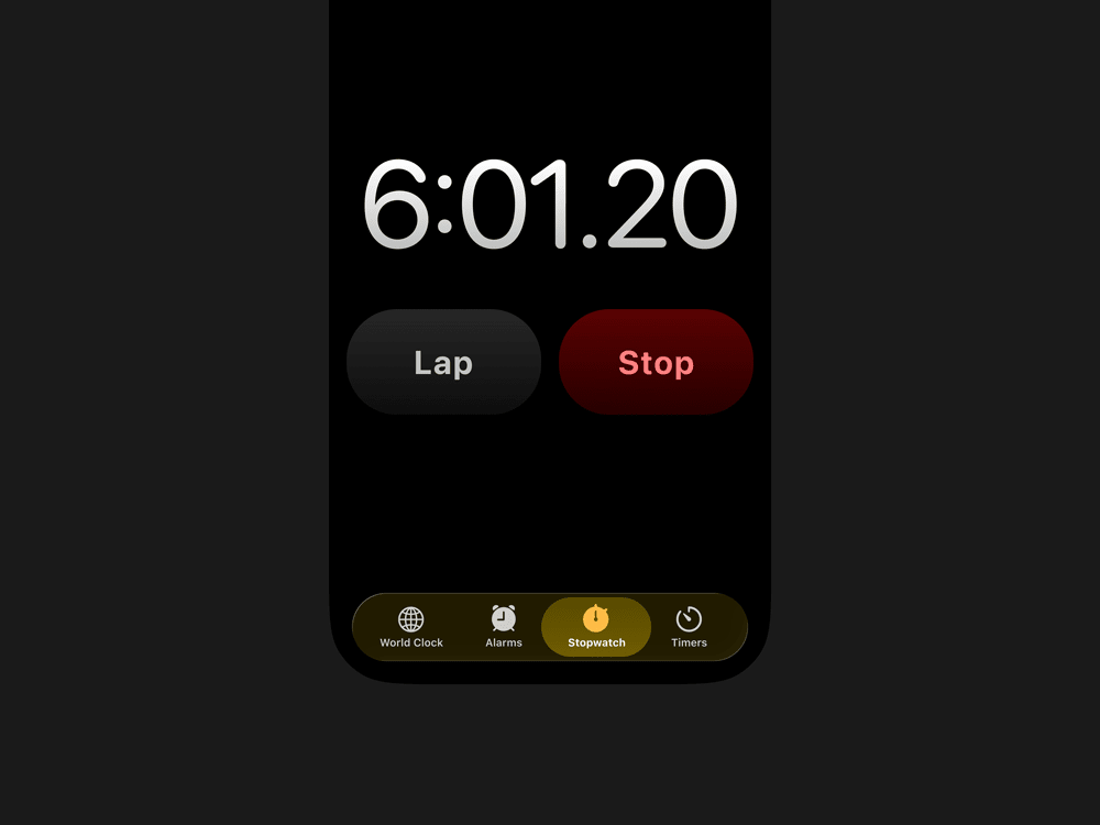 Redesign concept of Apple iOS 26 Stopwatch.