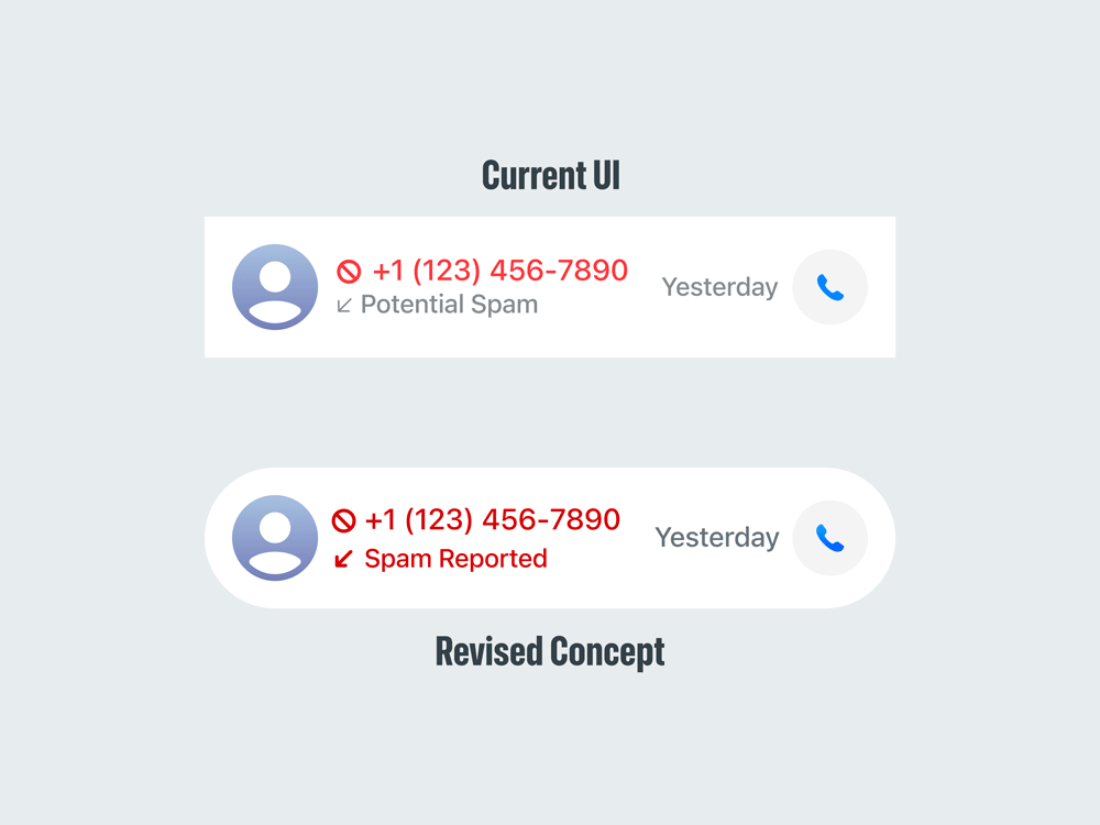 Redesign concept of Apple iOS 26's 'Potential Spam' UI.