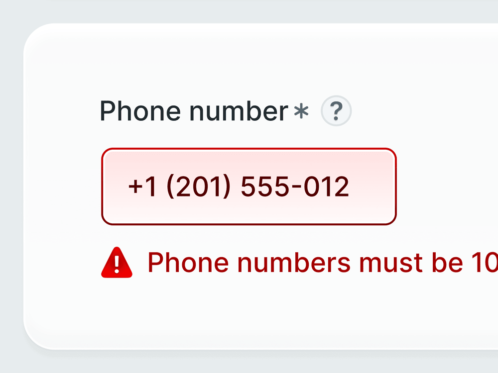 UI of a phone number input showing an error state