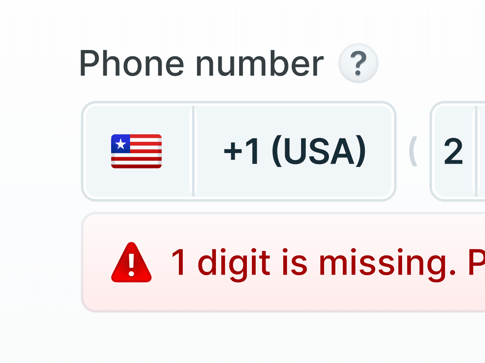 Closeup of UI for a phone number input, with an error message that is partially shown.
