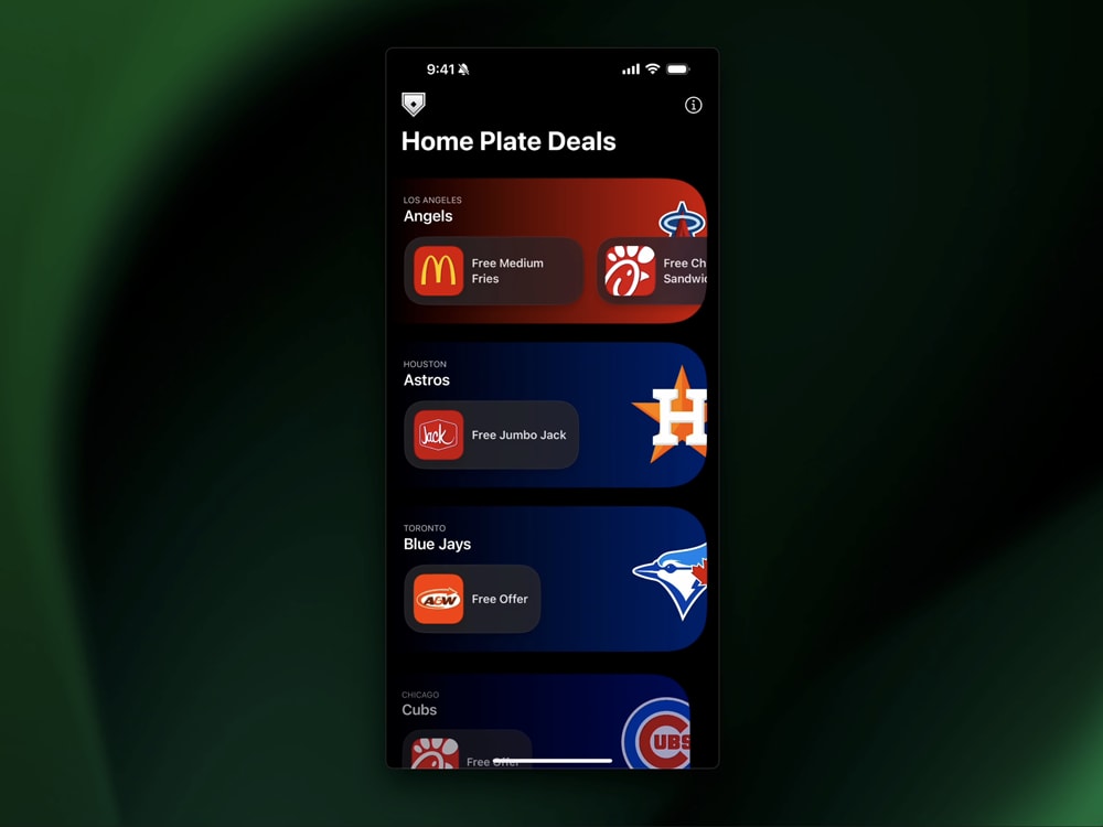 Screen recording of work-in-progress state of Home Plate Deals iOS app showing a scrolling list of deals available for each team, and then opening up a details view for Los Angeles Dodgers deals.