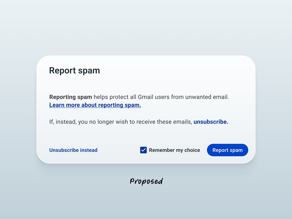 Improved UI/UX concept vs the existing Gmail 'Report spam and unsubscribe' modal from Google.