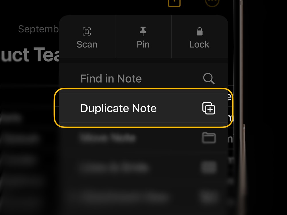 Feature concept showing UI of a 'Duplicate Note' action item in list within iOS Notes menu dropdown.