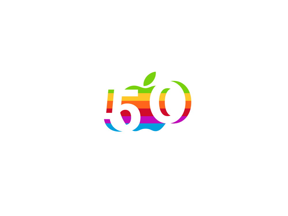 Celebratory graphic featuring the six-color Apple logo with '5' and '0' stylistically incorporated, designed by Max Burnside for the 50th anniversary of Apple's founding in 1976.