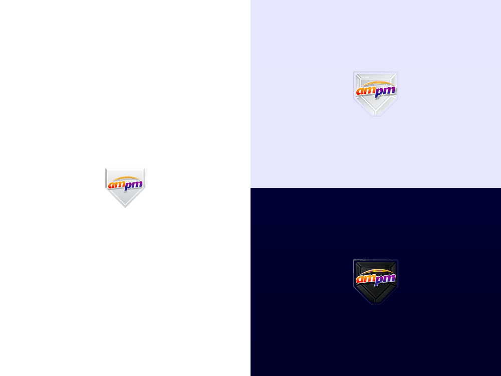 View of current company logo implementation style of 'ampm' stores on Home Plate Deals vs work-in-progress version of updates.