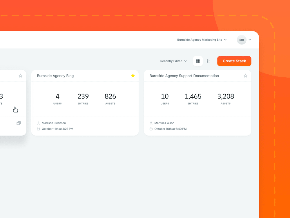 Section of Contentstack CMS UI, showing cards, referred to as 'stacks'.