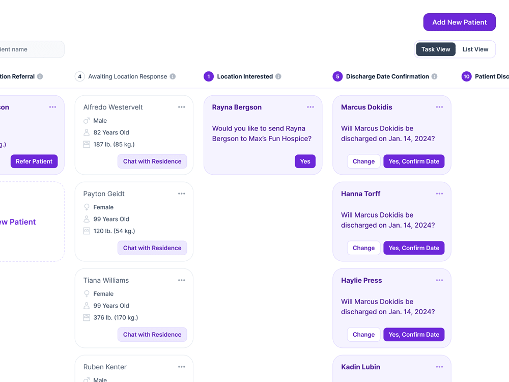 Tasks for a medical application shown as several columns of cards.