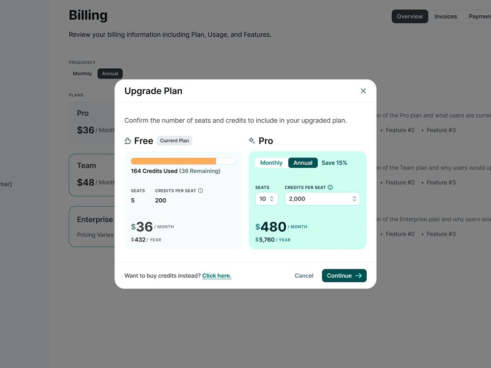 Pricing modal interface design 