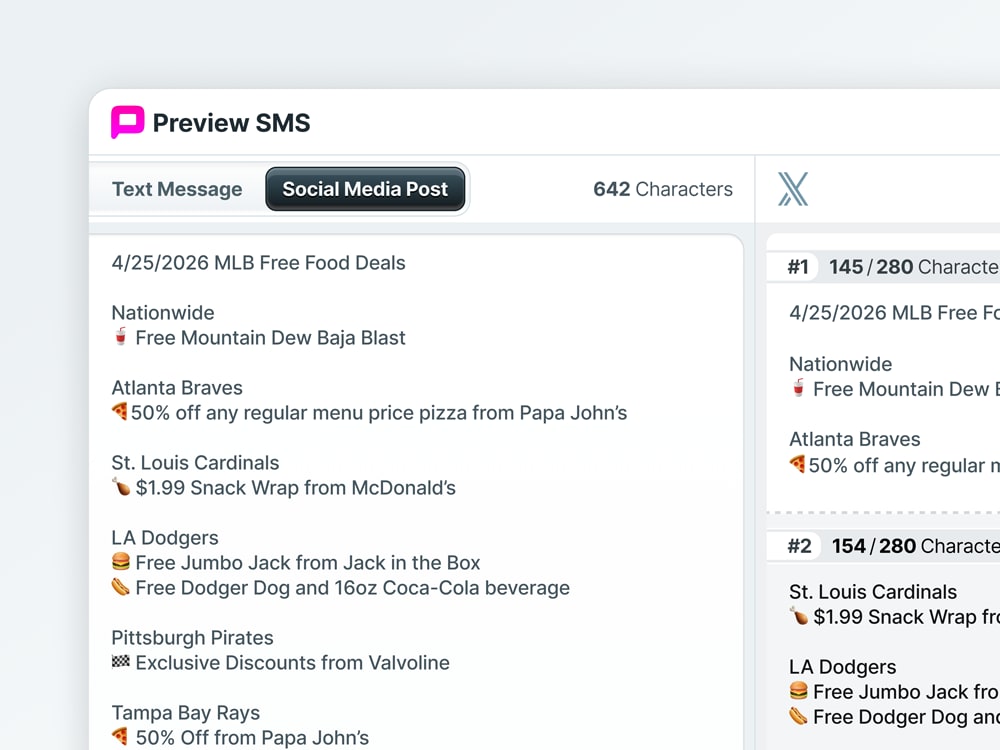 UI of web application that shows content on the left side in one text block and a portion of the same text, split into X (formerly Twitter) posts.