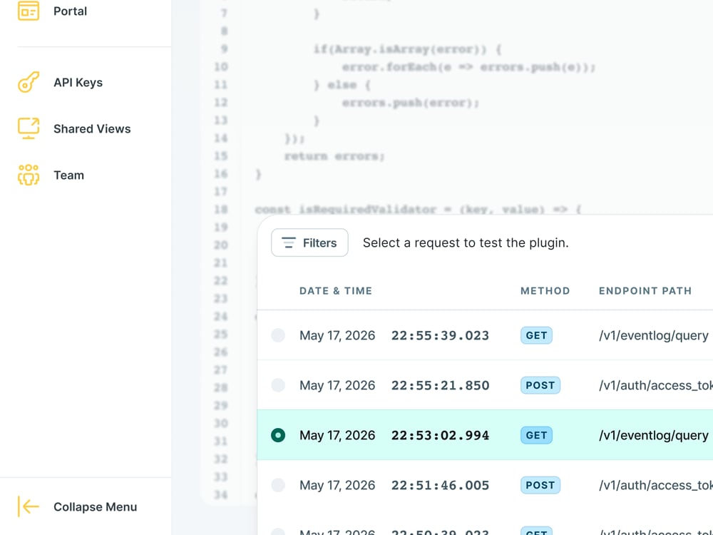 API dashboard, with a slide-over drawer that shows details of API requests.